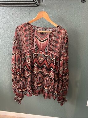 Bl^nk London Tiara Long-Sleeve Boho Blouse in Dark Pink Ikat Pattern